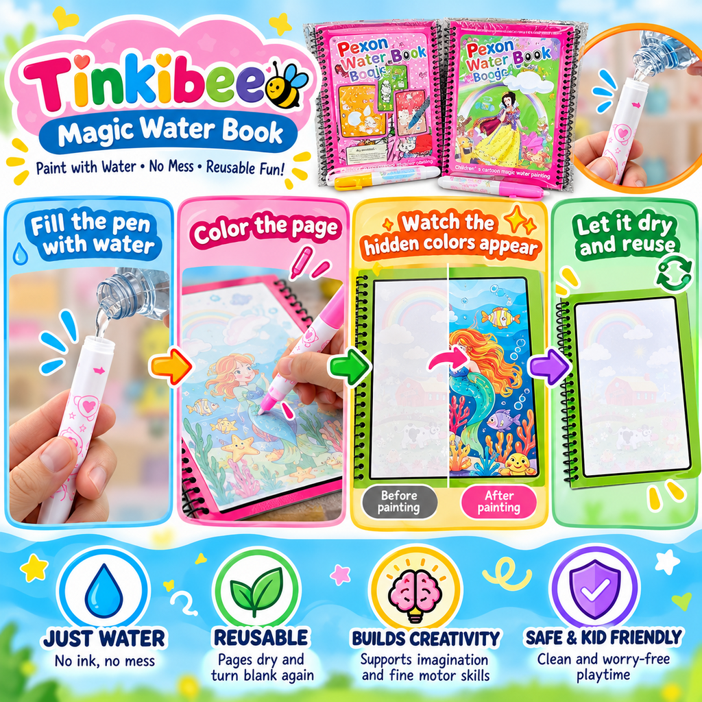 How Tinkibee magic water book works with refillable water pen