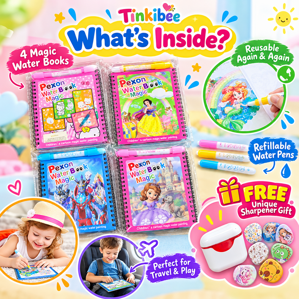 What's inside the Tinkibee magic water book set with free sharpener