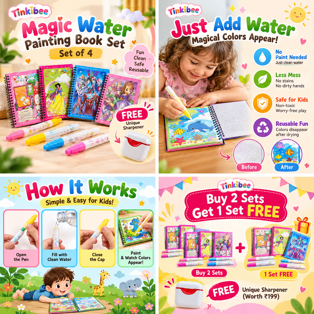 Tinkibee magic water painting book benefits, how to use and bundle offer