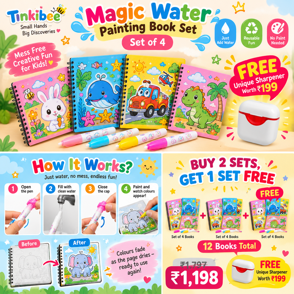 Tinkibee magic water painting book set of 4 with free sharpener and buy 2 get 1 offer